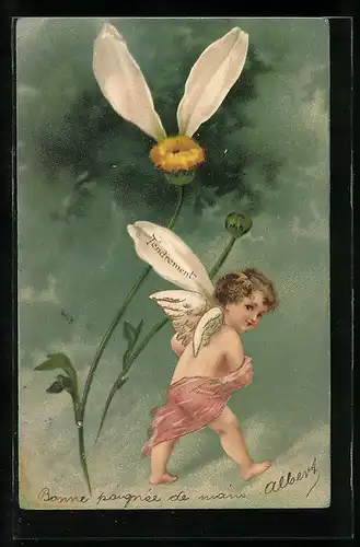 AK Kleiner Engel stiehlt Blatt vom Blumenorakel