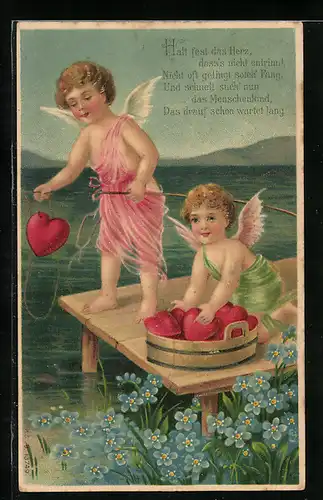 AK Engel mit Herzen am See, Halt fest das Herz...