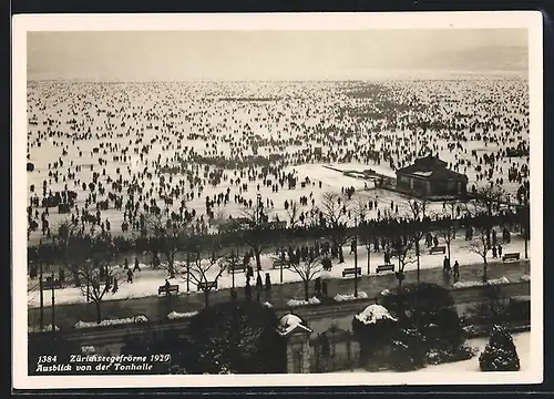 AK Zürich, Zürichseegefrörne 1929, Ausblick von der Turnhalle