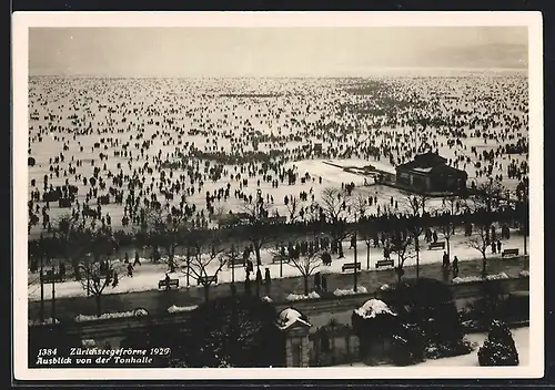 AK Zürich, Zürichseegefrörne 1929, Ausblick von der Turnhalle