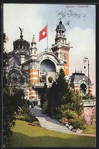 AK Zürich, Tonhalle mit Flagge