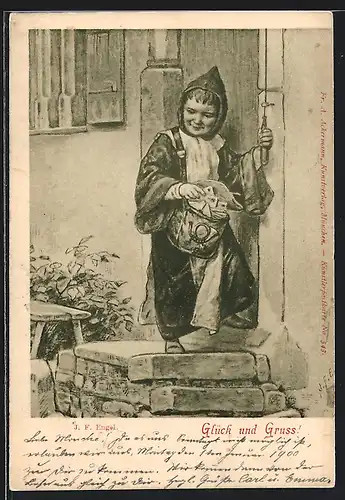 Künstler-AK Münchner Kindl als Postbote an einer Tür