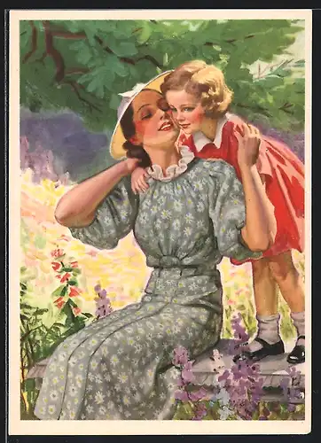 AK Reklame Indanthren, Mutter mit kleiner Tochter in einem Garten