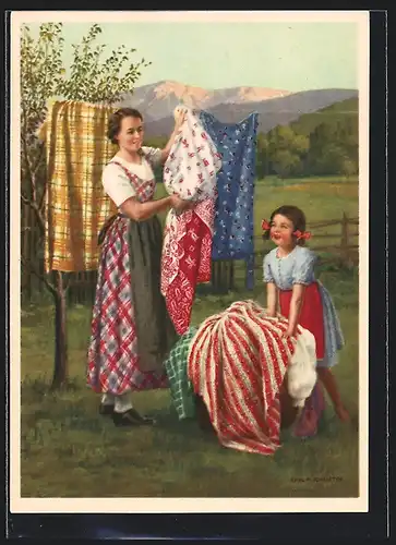 Künstler-AK Karl Maria Schuster: Reklame für mit Indanthren gefärbte Stoffe, Frau und Mädchen hängen Wäsche auf