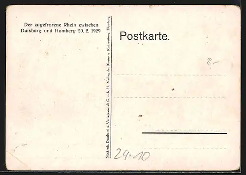AK Duisburg, der zugefrorene Rhein zwischen Duisburg und Homberg 20.2.1929, Unwetter
