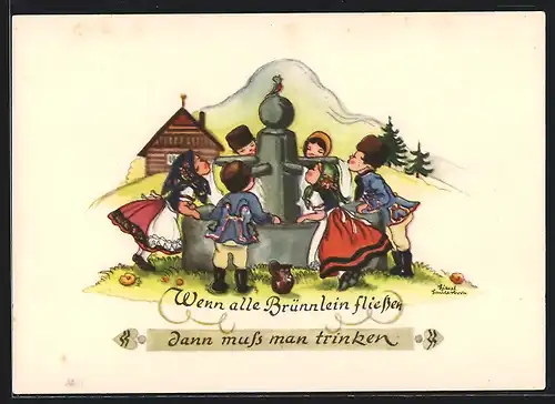 Künstler-AK Liesel Lauterborn: Kinder trinken frisches Brunnenwasser