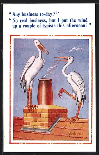 Künstler-AK Donald McGill: Zwei Storche unterhalten sich über ihre Tagespläne