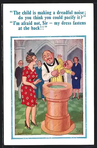 Künstler-AK Donald McGill: Schreiendes Baby bei Taufe