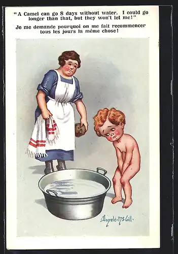 Künstler-AK Donald McGill: Kleiner Junge hat Angst vorm Bade