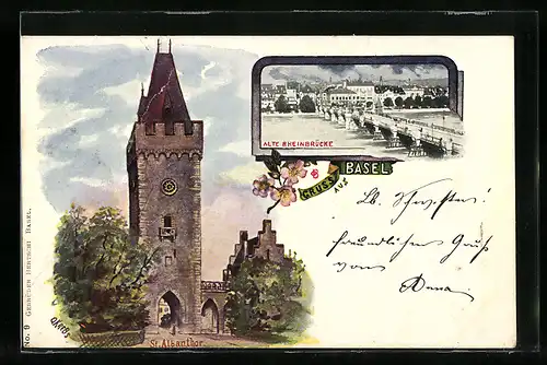 AK Basel, St. Albantor, Alte Rheinbrücke