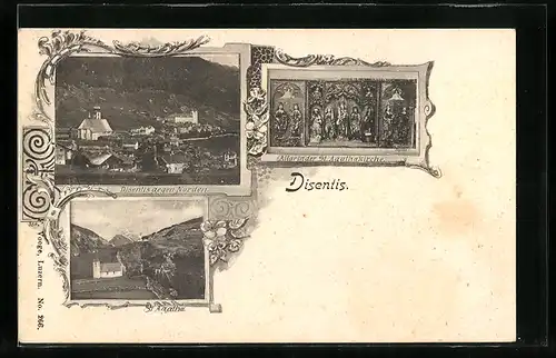 AK Disentis, Altar in der St. Agathakirche, St. Agatha aus der Vogelschau, Disentis gegen Norden