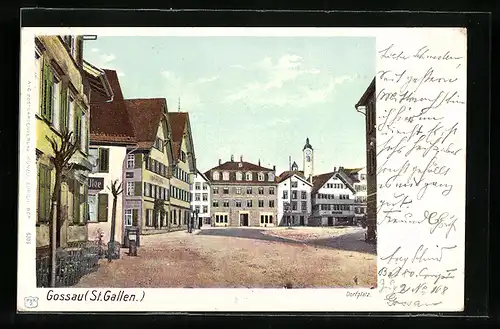AK Gossau, Dorfplatz mit Turmblick