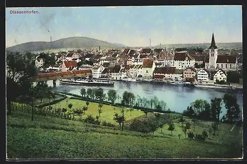 AK Diessenhofen, Ortsansicht über Fluss mit Dampfer
