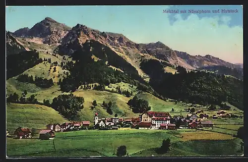 AK Melchtal, Ortsansicht mit Nünalphorn und Hutstock