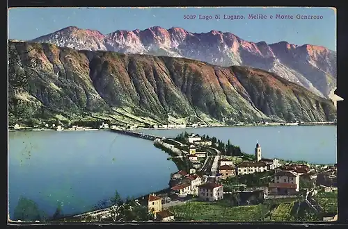 AK Melide, Totalansicht mit Lago di Lugano und Monte Generoso