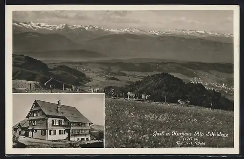 AK Scheidegg, Gast-und Kurhaus Alp, Blick auf die Alpen mit Kühen