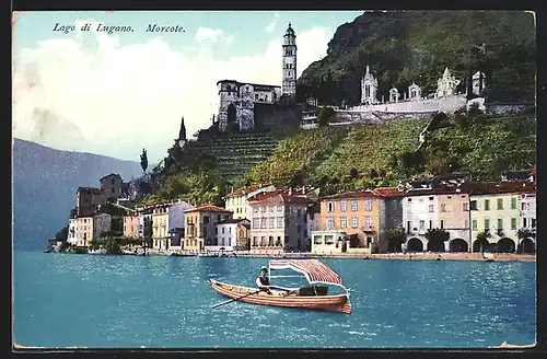 AK Morcote, Ruderboot mit Sonnenschutz auf dem Lago di Lugano