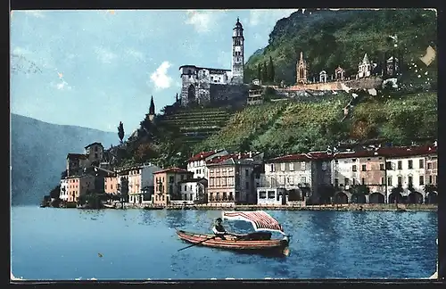 AK Morcote, Ruderboot auf dem Lago di Lugano vor Küstenpanorama