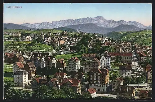 AK Herisau, Ortsansicht in Hügellandschaft vor Gebirgskette
