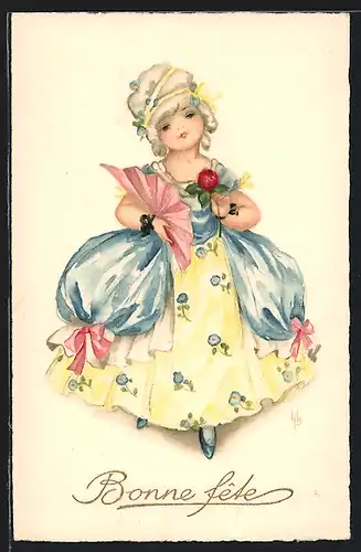 Künstler-AK Hannes Petersen: Kleines Rokoko-Mädchen mit Blume