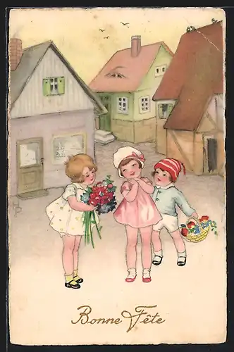 Künstler-AK Hannes Petersen: Kinder mit Blumen, Geburtstag