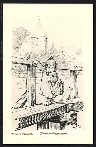 Künstler-AK Hermann Kaulbach: Hausmütterchen, Kleines Mädchen mit Korb und Schlüssel