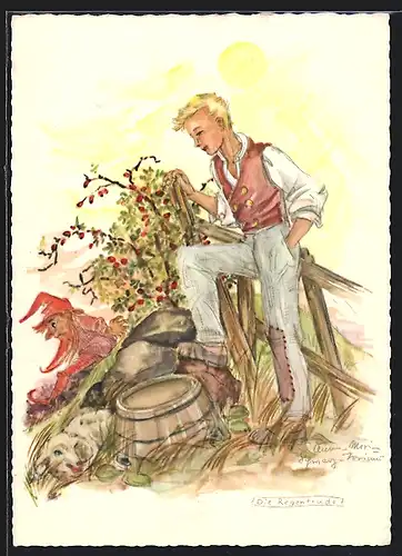 AK Märchen Die Regentrude, Junger Mann lehnt am Zaun und betrachtet einen Zwerg