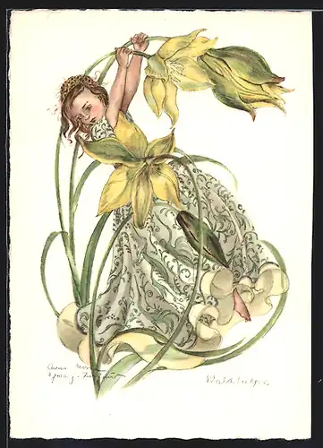 Künstler-AK Schwarz-Torino: Mädchen mit Waldtulpe