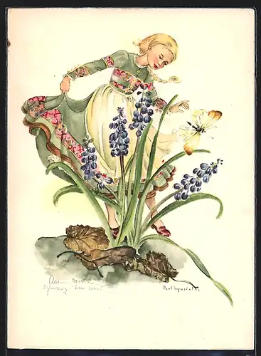 Künstler-AK Schwarz-Torino: Mädchen mit Perl-Hyazinthe und Schmetterling