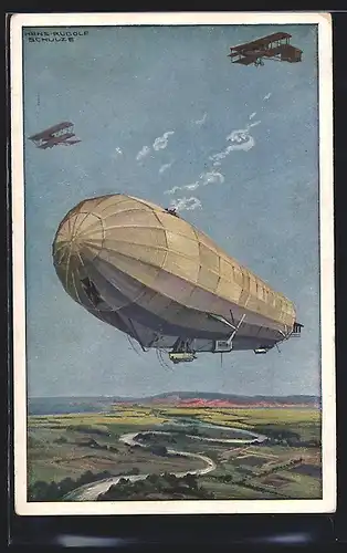 Künstler-AK Hans Rudolf Schulze: Zeppelin Hansa im Kampf gegen feindliche Flugzeuge