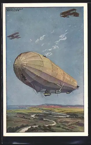 Künstler-AK Hans Rudolf Schulze: Zeppelin Hansa im Kampf gegen feindliche Flugzeuge