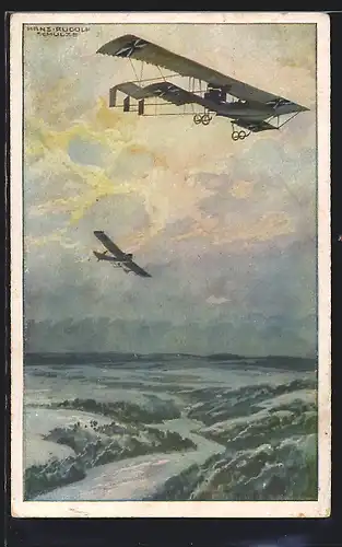 Künstler-AK Hans Rudolf Schulze: Militärdoppeldecker auf Erkundungsfahrt über dem Argonnenwald, 1. Weltkrieg, Flugzeug