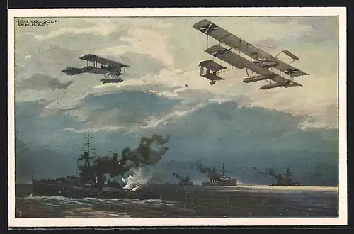 Künstler-AK Hans Rudolf Schulze: Wasserflugzeuge über der Englischen Flotte