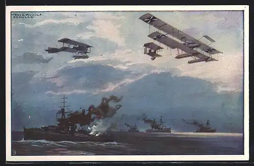 Künstler-AK Hans Rudolf Schulze: Wasserflugzeuge über der Englischen Flotte