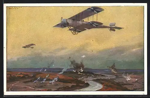 Künstler-AK Hans Rudolf Schulze: Militärdoppeldecker auf Erkundungsflug an der Marne, Flugzeug