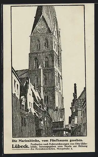 Künstler-AK Otto Ubbelohde: Lübeck, Die Marienkirche, vom Fünfhausen gesehen