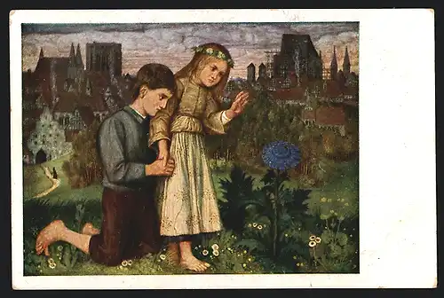 Künstler-AK Matthäus Schiestl: Blaue Blume, Kinder stehen neben der Blume