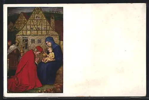 Künstler-AK Matthäus Schiestl: Die heiligen drei Könige, Das Jesuskind bekommt Gaben