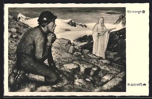 Künstler-AK Matthäus Schiestl: Alpensage, Mann in Trachtenkleidung kniet vor einer jungen Schönheit nieder