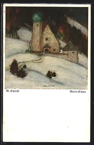 Künstler-AK Matthäus Schiestl: Maria-Schnee, Winterpartie mit Kirche