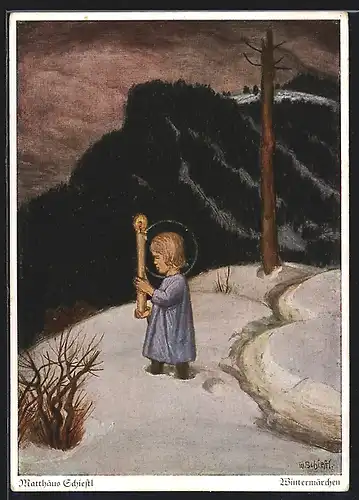 Künstler-AK Matthäus Schiestl: Wintermärchen, Kleiner Junge mit Kerze in der Hand wandert durch den Schnee