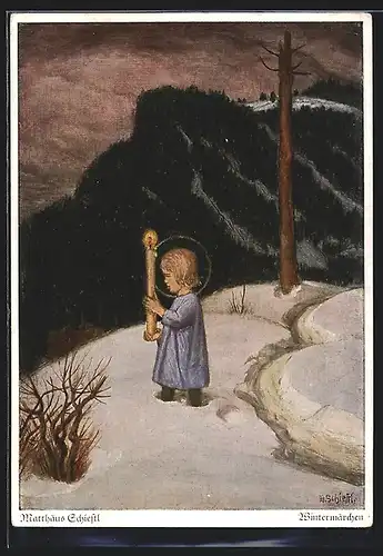 Künstler-AK Matthäus Schiestl: Wintermärchen, Kleiner Junge mit Kerze in der Hand wandert durch den Schnee
