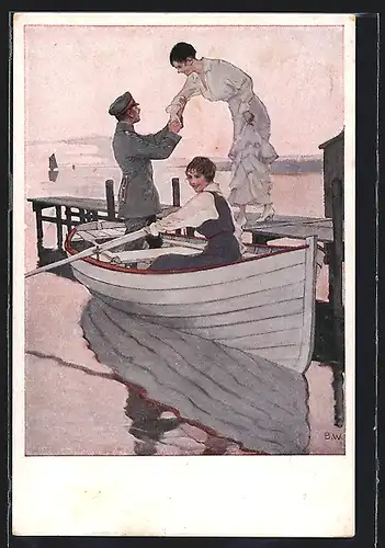 Künstler-AK Brynolf Wennerberg: Heimaturlaub, Soldat mit Frauen bei einer Boostpartie