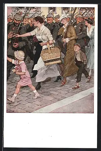 Künstler-AK Brynolf Wennerberg: Ausmarsch, die Familien verabschieden sich von den marschierenden Soldaten