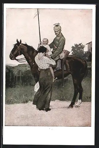 Künstler-AK Brynolf Wennerberg: Abschied, reitender Soldat verabschiedet sich von Frau und Kind