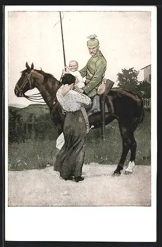 Künstler-AK Brynolf Wennerberg: Abschied, reitender Soldat verabschiedet sich von Frau und Kind