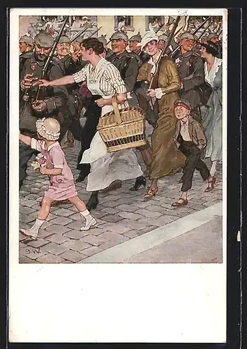 Künstler-AK Brynolf Wennerberg: Ausmarsch, die Familien verabschieden sich von den marschierenden Soldaten