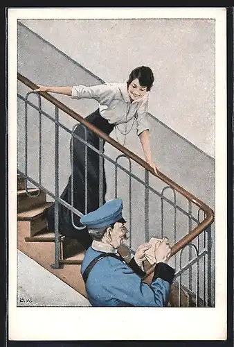 Künstler-AK Brynolf Wennerberg: Kriegspostkarte Nr. 5, der Feldpostbrief, Übergabe im Treppenhaus