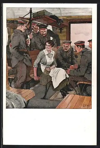 Künstler-AK Brynolf Wennerberg: Schwester mit Soldaten in einem Zugabteil auf Urlaubsfahrt