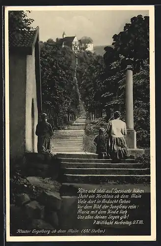 AK Grossheubach, Kloser Engelberg ob dem Main, Pilger beten auf den Treppen zum Kloster